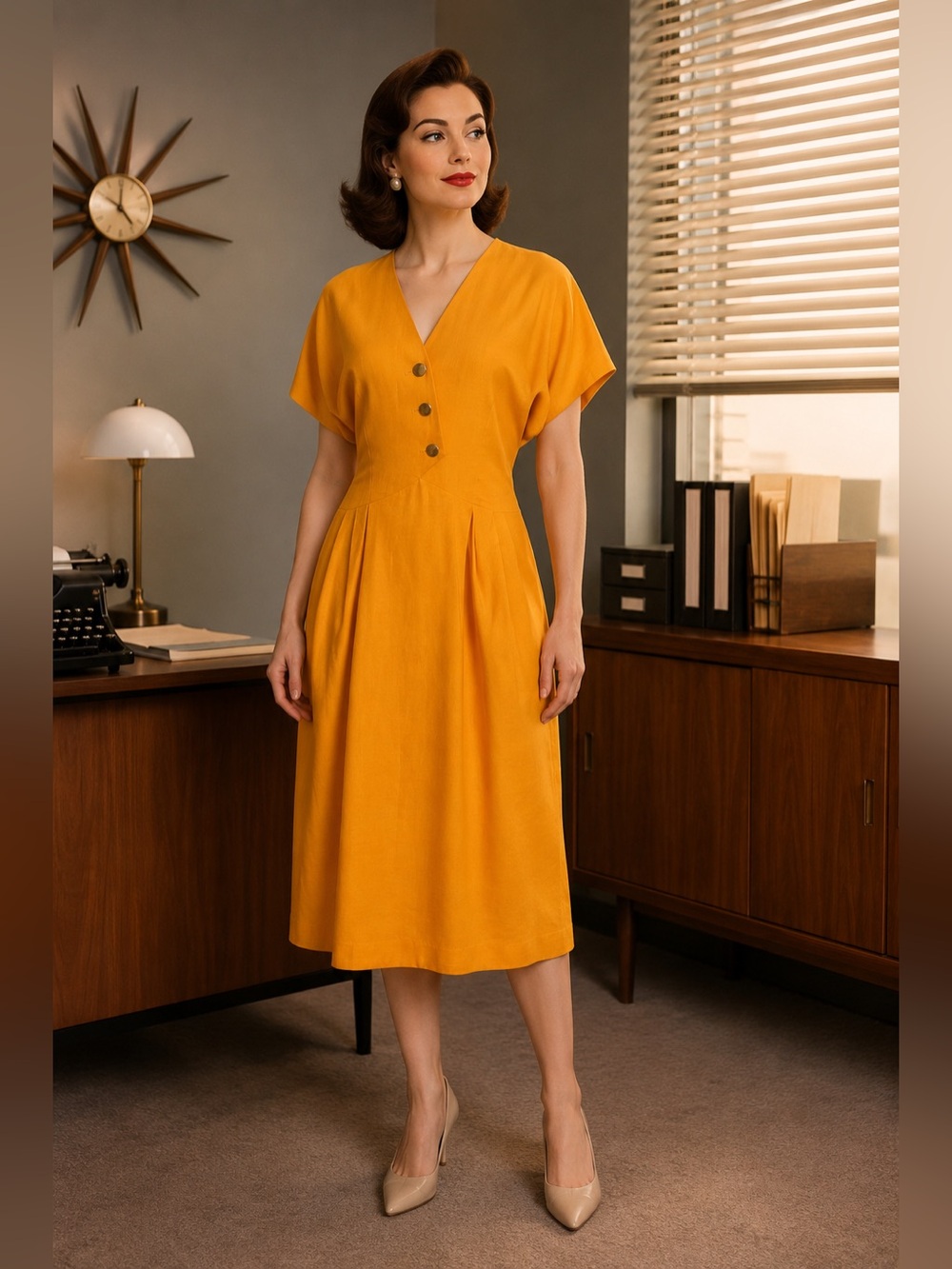 Vintage Nipon Boutique Mad Men Secretary Chic Mustard Linen Blend Midi Dress M/L